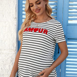 Camiseta De Manga Corta De Rayas Con Letra Y Manga Corta Con Toalla Para Maternidad