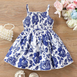 Vestido Para Nina De Porcelana Azul Y Blanca Con Estampado Floral Y Cintas