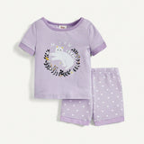 Cozy Cub 4 Piezas/set Ropa Para El Hogar De Ninas, Ajuste Comodo Y Estampado De Gato Lindo Y De Lunares Y Flores Con Camiseta De Manga Corta Y Shorts