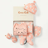 Cozy Cub Conjunto De Caja De Regalo Para Recien Nacido Nina, Incluyendo Cardigan De Manga Larga Con Cuello Redondo Y Patron De Gato Lindo, Sombrero, Guantes, Babero, Pantalones Largos, Mameluco