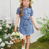 Young Girl Denim Shirt Dress With Belt, Casual Loose Fit