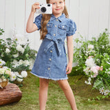 Young Girl Denim Shirt Dress With Belt, Casual Loose Fit