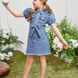 Young Girl Denim Shirt Dress With Belt, Casual Loose Fit