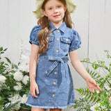 Young Girl Denim Shirt Dress With Belt, Casual Loose Fit