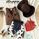 Conjunto De Estilo Vaquero Occidental Para Bebe Con Sombrero De Vaquero, Bufanda De Seda, Chaleco De Flecos Y Pantalones De Flecos Con Diseno De Vaca