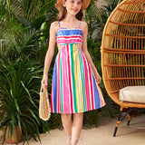 Vestido De Tirantes Huecos Para Ninas Preadolescentes Con Rayas De Colores Para Vacaciones De Verano
