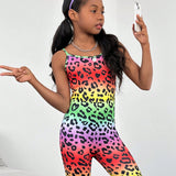 Tween Girls' Cool Street Style Knit Multicolored Leopard Print Jumpsuit For Spring & Summer