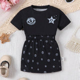 Vestido Suelto Y Casual De Manga Corta Para Bebe Con Lindo Estampado De Ojos Y Estrellas