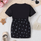 Vestido Suelto Y Casual De Manga Corta Para Bebe Con Lindo Estampado De Ojos Y Estrellas