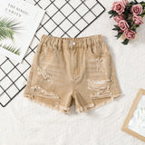 Shorts De Mezclilla Marrones Con Dobladillo Deshilachado Y Desgastado Para Chicas Preadolescentes