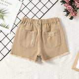 Shorts De Mezclilla Marrones Con Dobladillo Deshilachado Y Desgastado Para Chicas Preadolescentes