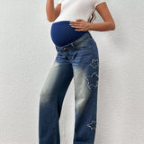 Jeans De Mezclilla De Soporte De Vientre Con Parche De Estrella Para Maternidad