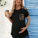 Elegante Camiseta De Maternidad Con Estampado De Leopardo Y Dobladillo Curvado