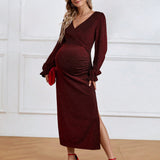 Vestido De Maternidad Con Brillo, Estilo Envolvente Y Cuello Dividido