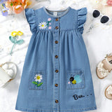 Young Girl's Casual Floral & Bee Embroidery Pattern Denim Dress With Flying Sleeves