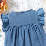 Young Girl's Casual Floral & Bee Embroidery Pattern Denim Dress With Flying Sleeves
