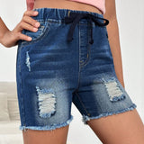 Shorts De Mezclilla Lavados Con Estiramiento Para Chicas Tween, Casuales Y A La Moda