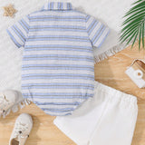 Summer Short Sleeved Striped Romper Shirt + Shorts Set For Baby Boy