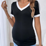 Camiseta De Maternidad Casual Para Jovenes Con Cuello En V Y Mangas Cortas De Bloque De Color