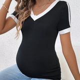 Camiseta De Maternidad Casual Para Jovenes Con Cuello En V Y Mangas Cortas De Bloque De Color