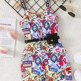 Tween Girls' Full Printed Graffiti Summer Jumpsuit Shorts