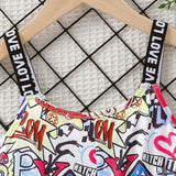 Tween Girls' Full Printed Graffiti Summer Jumpsuit Shorts