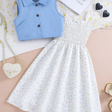 Conjunto De Chicas Preadolescentes Con Chaleco Azul Y Vestido Con Tirantes Spaghetti Y Estampado Floral