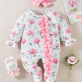 Conjunto Para Bebe Nina Con Estampado Floral Rosa, Manga Larga Y Pantalones Con Banda Para La Cabeza, Para Uso En El Hogar