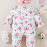 Conjunto Para Bebe Nina Con Estampado Floral Rosa, Manga Larga Y Pantalones Con Banda Para La Cabeza, Para Uso En El Hogar