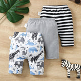 Conjunto De Verano De 3 Piezas Para Bebe Nino Con Pantalones Doble Cara Cepillados Con Impresion De Animales Adorables