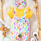 2 Piezas/set Jumpsuit Casual Y Adorable De Estilo De Pascua Con Patron De Conejo Colorido Y Lazo Para Ninas, Incluyendo Banda Para El Cabello