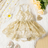 Ranita De Cuello Halter Para Bebe Nina Con Encaje Floral De Malla Bordado Con Dorado Y Brillantes Lentejuelas, Elegante Y Esplendido