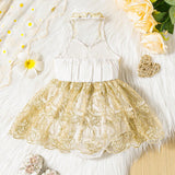 Ranita De Cuello Halter Para Bebe Nina Con Encaje Floral De Malla Bordado Con Dorado Y Brillantes Lentejuelas, Elegante Y Esplendido