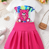 2 Piezas/set Conjunto De Camiseta De Manga Corta Y Falda Con Estampado De Oso De Dibujos Animados Para Ninas Preadolescentes