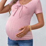 Camiseta Casual De Maternidad Con Encaje De Cuello Redondo