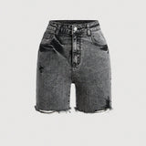 Shorts de mezclilla para nina preadolescente estilo Y2K con bolsillos diagonales de borde crudo color gris para verano