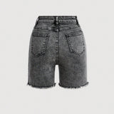 Shorts de mezclilla para nina preadolescente estilo Y2K con bolsillos diagonales de borde crudo color gris para verano