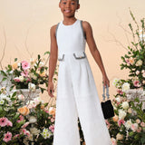 Tween Girl's Dreamy Princess Round Neck Sleeveless Jumpsuit With Long Pants