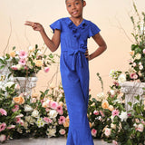 Tween Girls' Sweet Princess Style Solid Color V-Neck Jumpsuit With Cinched Waist