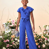 Tween Girls' Sweet Princess Style Solid Color V-Neck Jumpsuit With Cinched Waist