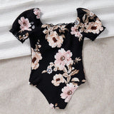 Tween Girl's Knitted Floral Print Square Neck Bubble Short Sleeve Casual Playsuit