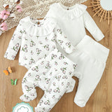 Conjunto De Vestimenta Para El Hogar De 4 Piezas Para Bebe Nina, Incluye Body Blanco Con Rombo Floral De Manga Larga Y Pantalon