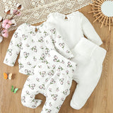 Conjunto De Vestimenta Para El Hogar De 4 Piezas Para Bebe Nina, Incluye Body Blanco Con Rombo Floral De Manga Larga Y Pantalon