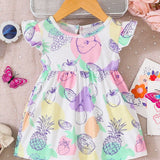 Vestido Casual Diario De Primavera/verano Elegante Lindo Y Suave Para Bebe Nina Con Impresion De Frutas Coloridas De Dopamina