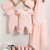 8 Piezas/set Conjunto De Caja De Regalo Para Bebe Nina Rosa Lindo, Elegante, Casual Diario De Primavera/verano