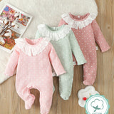 Conjunto De 3 Piezas De Mameluco Para Bebe Nina Con Estampado De Lunares Blancos Y Cuello De Encaje, Ropa Interior