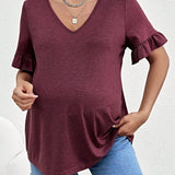 Blusa Casual De Embarazo Para Mujer Joven Con Cuello En V, Holgada Y Con Dobladillo Con Volantes