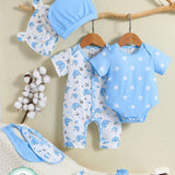 9 Piezas Conjuntos De Mameluco Y Mono Para Bebe Nina Con Diseno De Elefante Y Estrella En Azul/blanco Para Primavera Y Verano, Elegante, Lindo Y Casual, Con Caja De Regalo