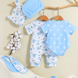 9 Piezas Conjuntos De Mameluco Y Mono Para Bebe Nina Con Diseno De Elefante Y Estrella En Azul/blanco Para Primavera Y Verano, Elegante, Lindo Y Casual, Con Caja De Regalo