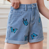 Pantalones Cortos De Mezclilla Lavados Casuales Para Nina En Transicion Con Impresion De Mariposa